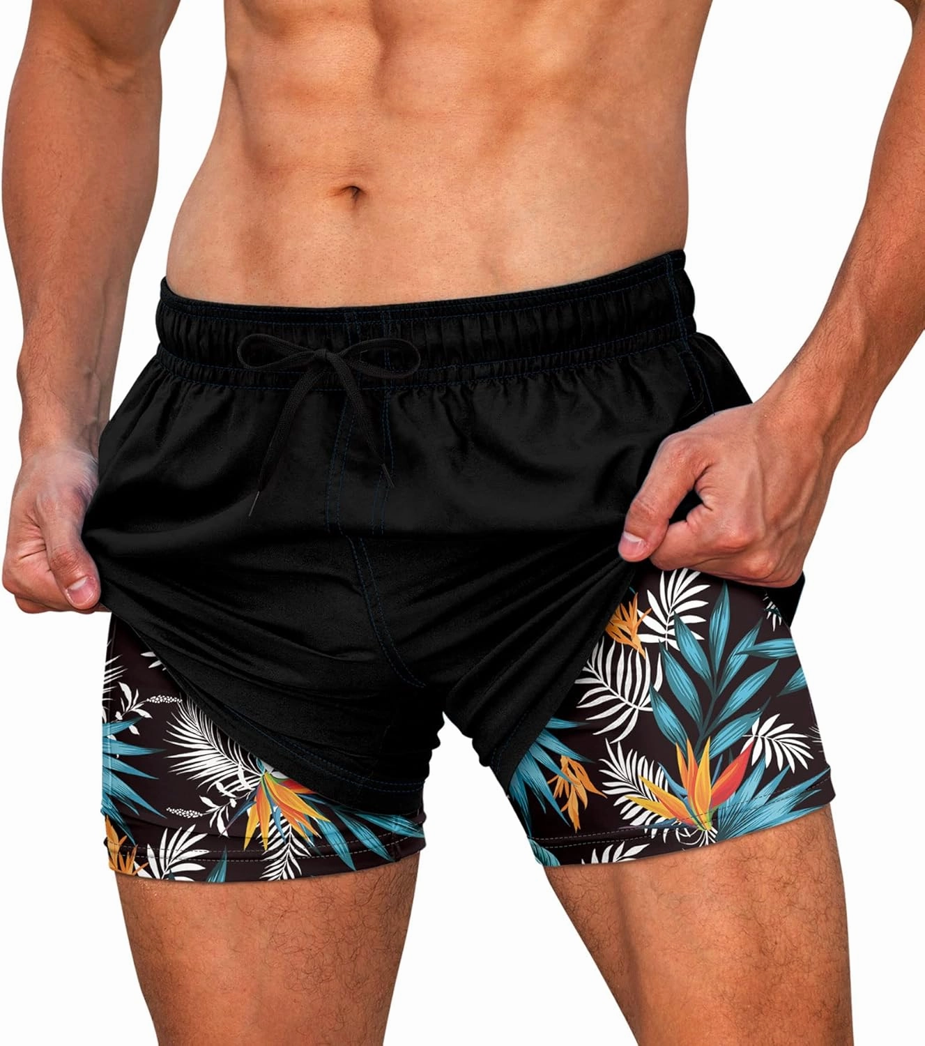 Cozople Mens Swim Trunks Quick Dry Bathing Suit with Compression Liner 5.5" Inseam Anti Chafe Beach Swim Shorts