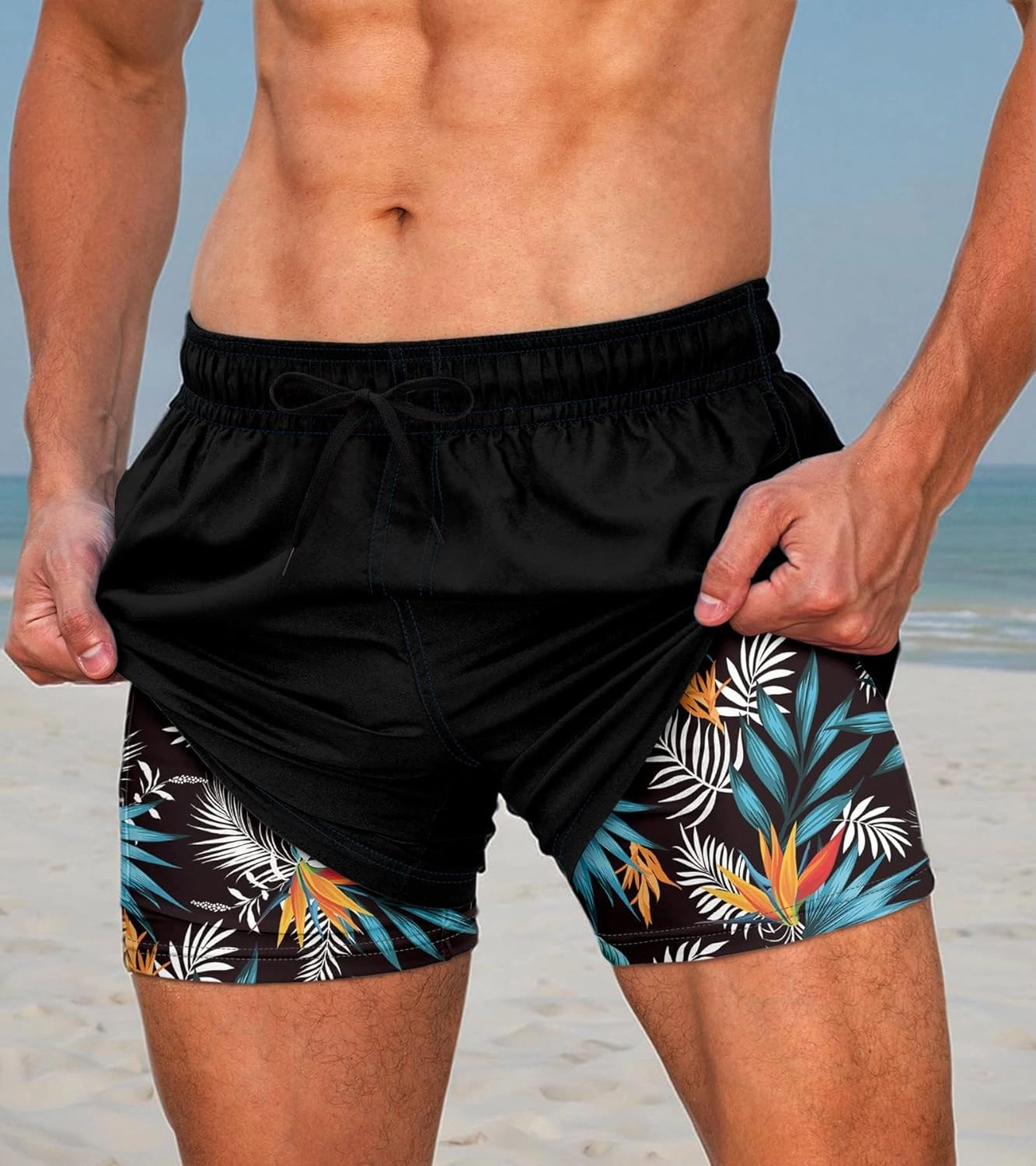 Cozople Mens Swim Trunks Quick Dry Bathing Suit with Compression Liner 5.5" Inseam Anti Chafe Beach Swim Shorts