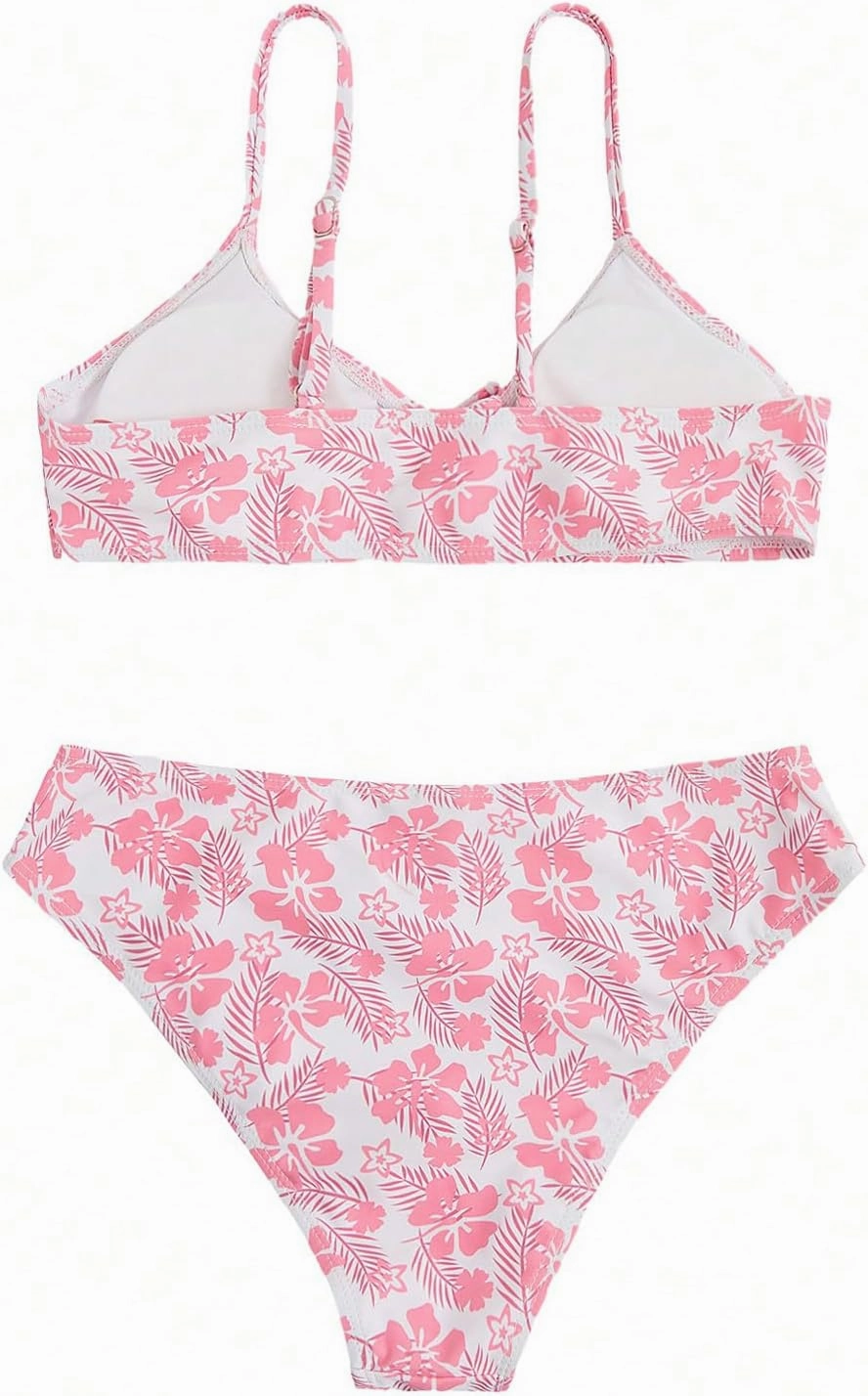 COZYEASE Girls' 2 Piece Ditsy Floral Print Knot Front Ruched Triangle Bikini Swimsuit