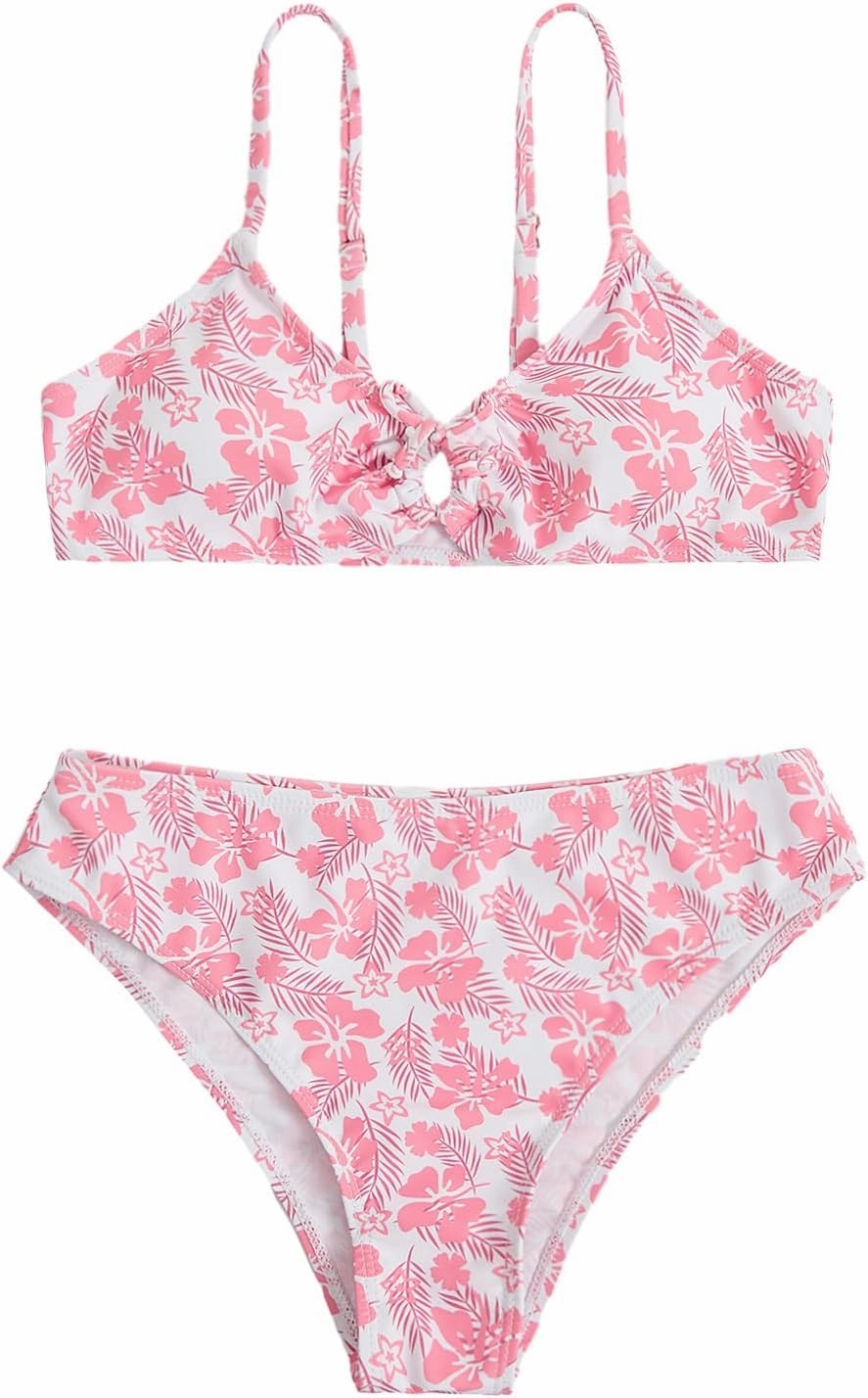 COZYEASE Girls' 2 Piece Ditsy Floral Print Knot Front Ruched Triangle Bikini Swimsuit