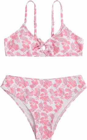 COZYEASE Girls' 2 Piece Ditsy Floral Print Knot Front Ruched Triangle Bikini Swimsuit