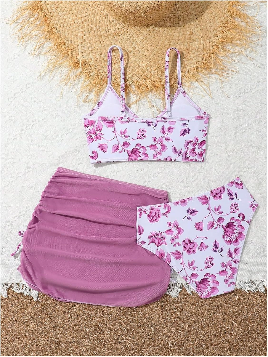 COZYEASE Girls' 3 Piece Set Floral Print Bikini Swimsuit with Drawstring Beach Skirt Cute Ruched Bathing Suit