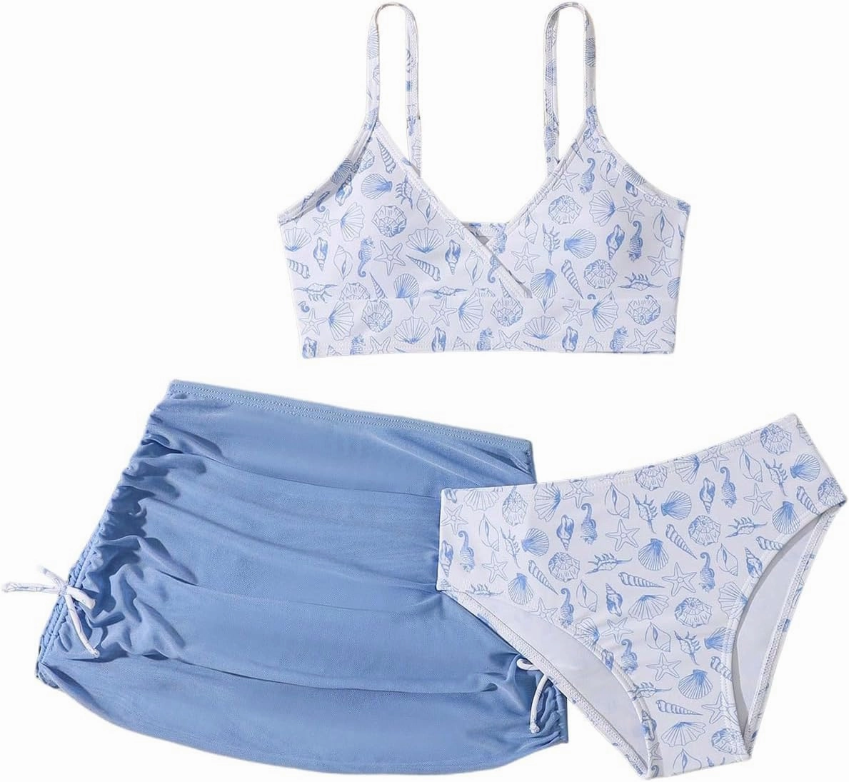 COZYEASE Girls' 3 Piece Set Floral Print Bikini Swimsuit with Drawstring Beach Skirt Cute Ruched Bathing Suit
