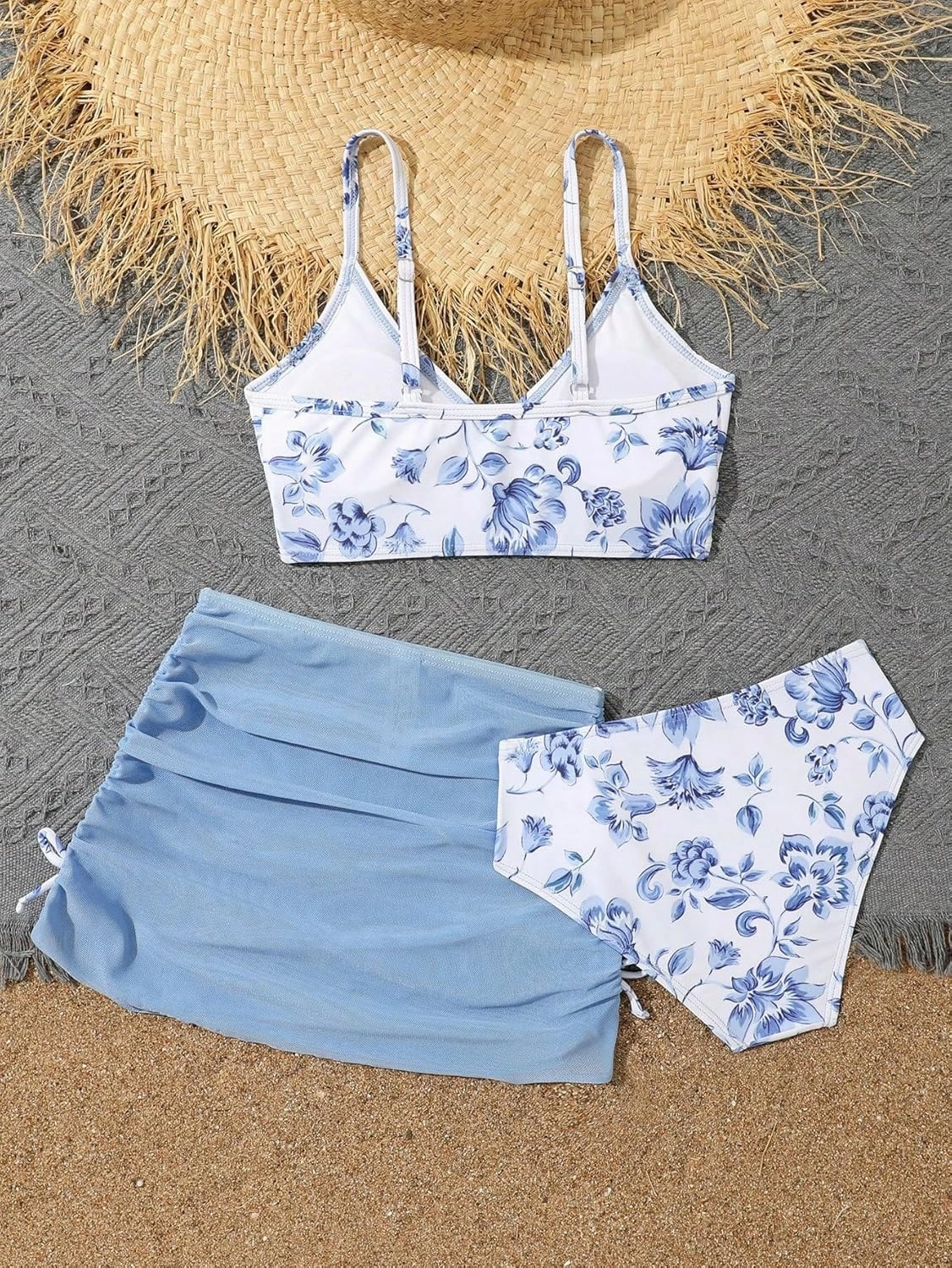 COZYEASE Girls' 3 Piece Set Floral Print Bikini Swimsuit with Drawstring Beach Skirt Cute Ruched Bathing Suit