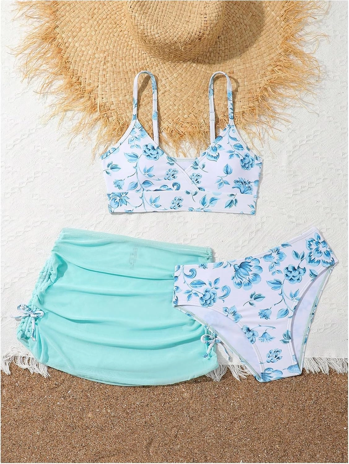 COZYEASE Girls' 3 Piece Set Floral Print Bikini Swimsuit with Drawstring Beach Skirt Cute Ruched Bathing Suit