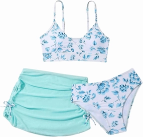 COZYEASE Girls' 3 Piece Set Floral Print Bikini Swimsuit with Drawstring Beach Skirt Cute Ruched Bathing Suit