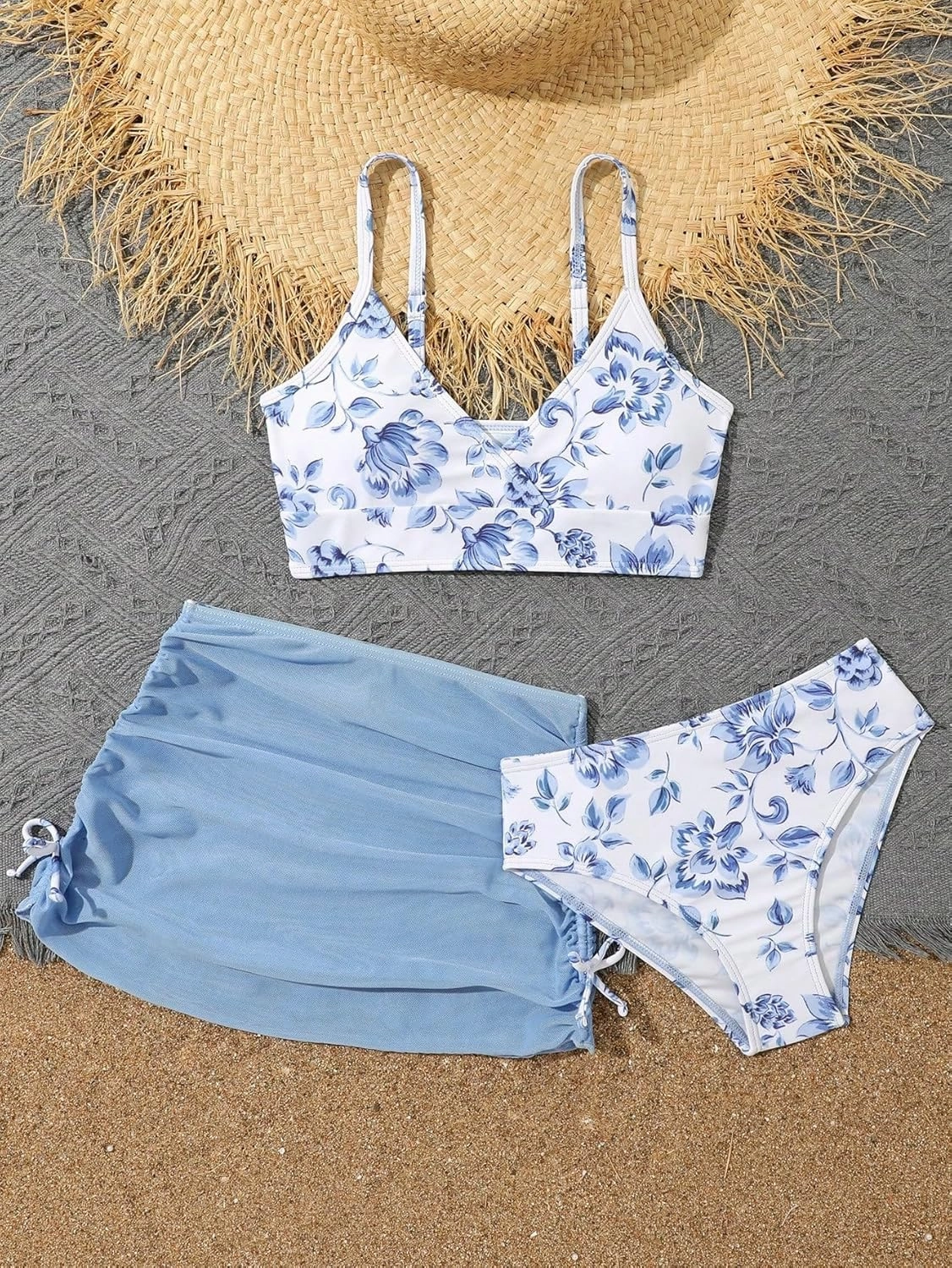 COZYEASE Girls' 3 Piece Set Floral Print Bikini Swimsuit with Drawstring Beach Skirt Cute Ruched Bathing Suit