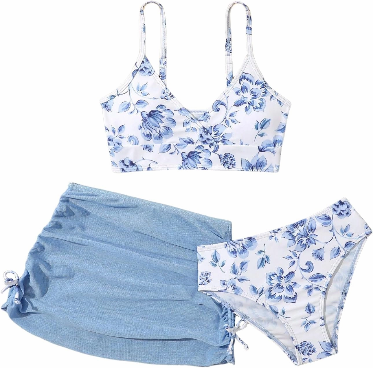COZYEASE Girls' 3 Piece Set Floral Print Bikini Swimsuit with Drawstring Beach Skirt Cute Ruched Bathing Suit