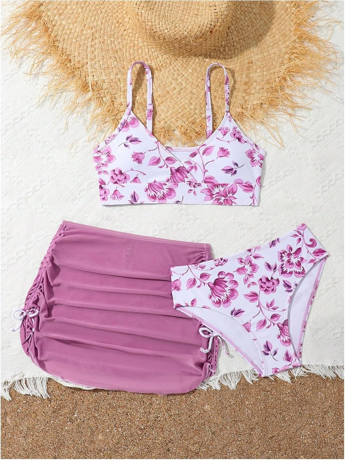 COZYEASE Girls' 3 Piece Set Floral Print Bikini Swimsuit with Drawstring Beach Skirt Cute Ruched Bathing Suit