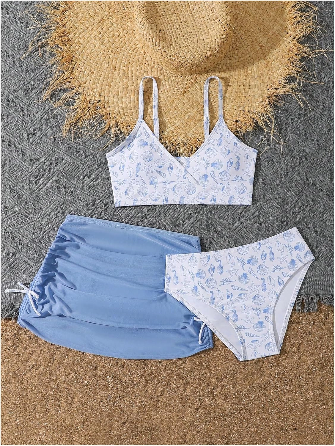 COZYEASE Girls' 3 Piece Set Floral Print Bikini Swimsuit with Drawstring Beach Skirt Cute Ruched Bathing Suit