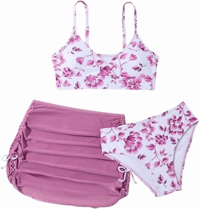 COZYEASE Girls' 3 Piece Set Floral Print Bikini Swimsuit with Drawstring Beach Skirt Cute Ruched Bathing Suit