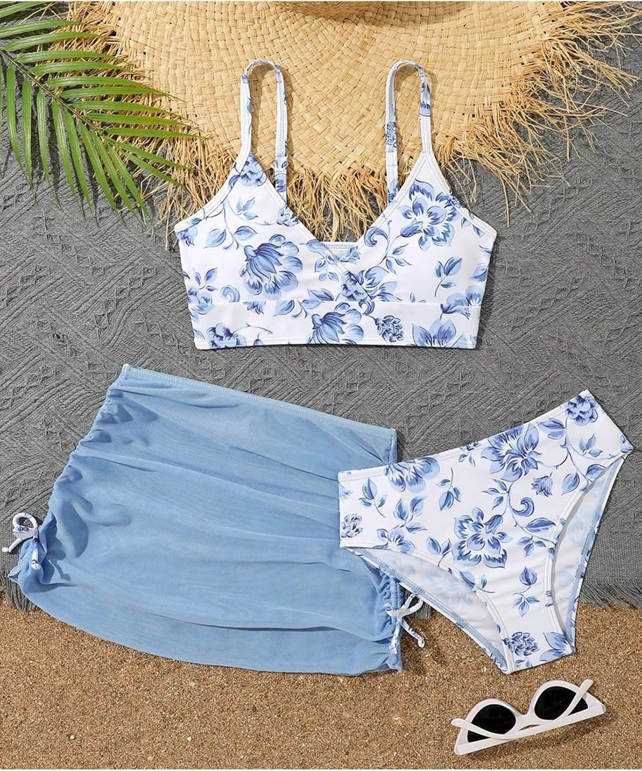 COZYEASE Girls' 3 Piece Set Floral Print Bikini Swimsuit with Drawstring Beach Skirt Cute Ruched Bathing Suit