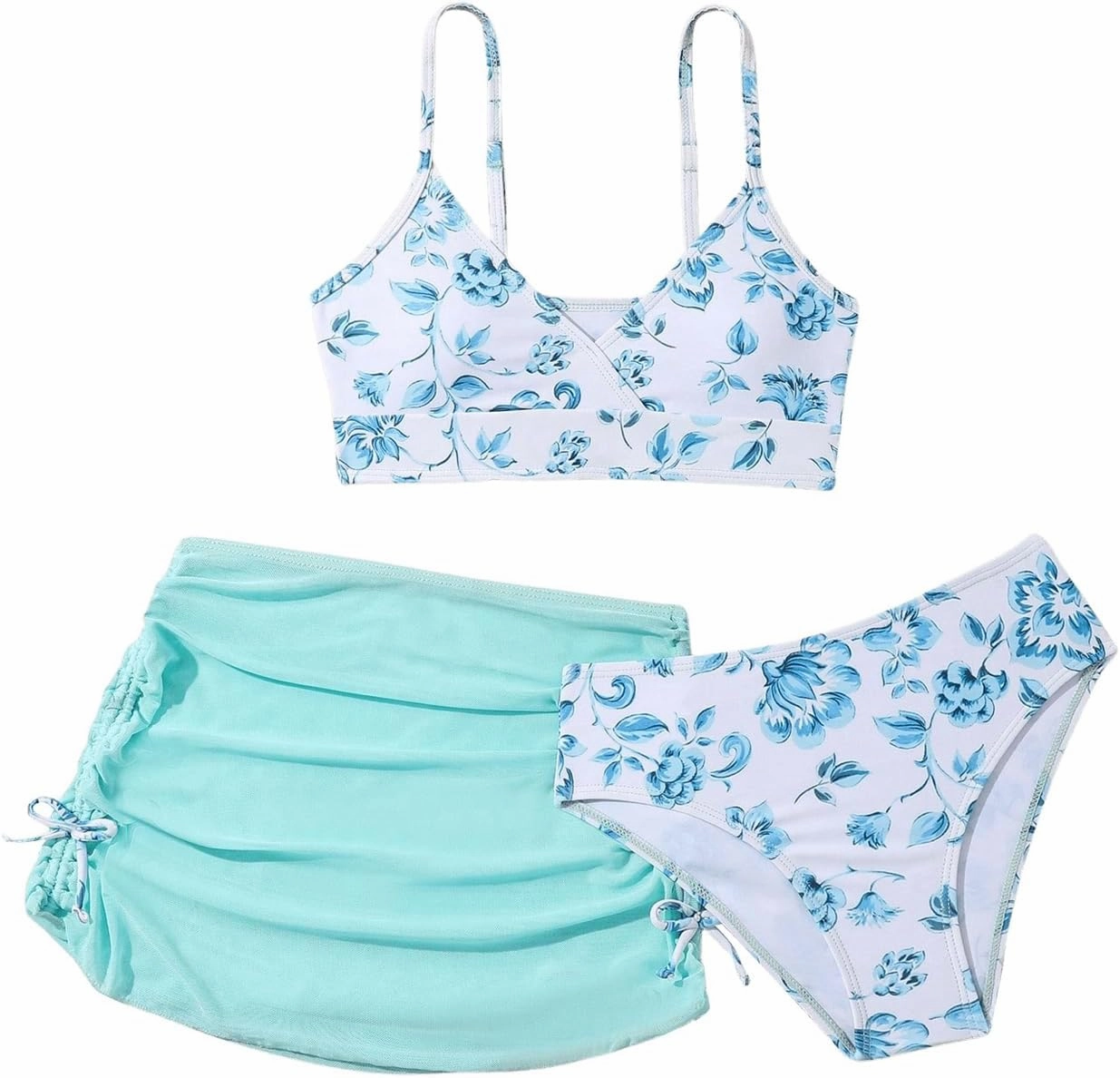 COZYEASE Girls' 3 Piece Set Floral Print Bikini Swimsuit with Drawstring Beach Skirt Cute Ruched Bathing Suit