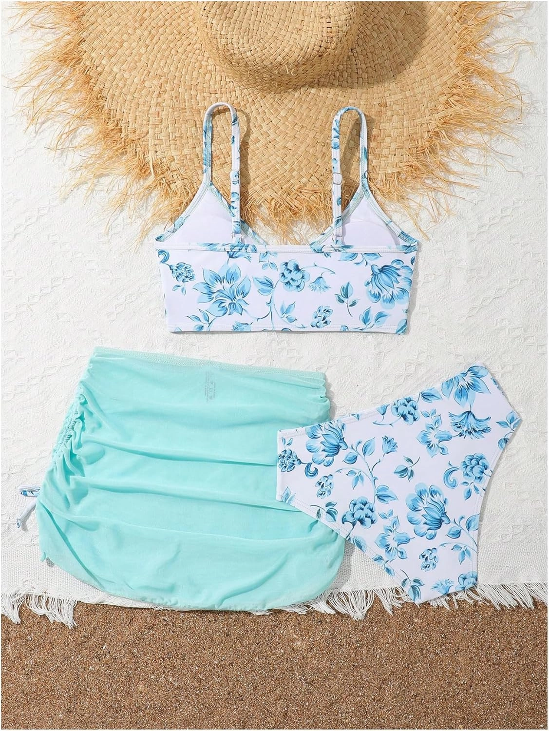 COZYEASE Girls' 3 Piece Set Floral Print Bikini Swimsuit with Drawstring Beach Skirt Cute Ruched Bathing Suit