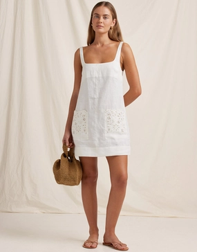 Creme Embroidered Shift Mini Dress - White