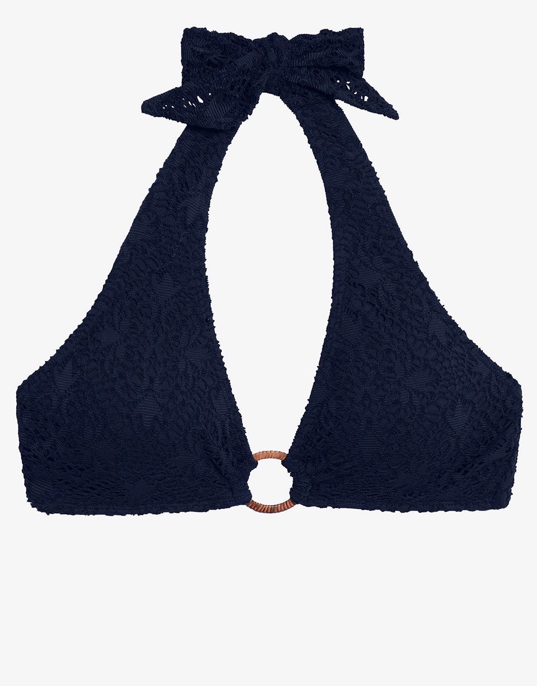 Crochet Rattan Ring Halter Bikini Top - Navy