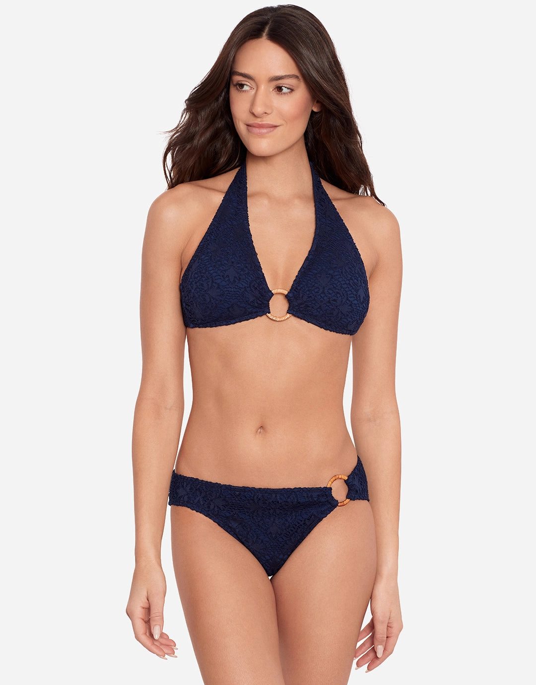 Crochet Rattan Ring Halter Bikini Top - Navy