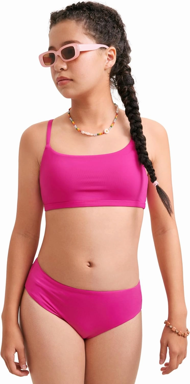 CRZ YOGA Girls Swimsuit 2 Piece Bikini Set - Scoop Neck Adjustable Straps Padded Tops and Bottoms Beach Sports Bathing Suit