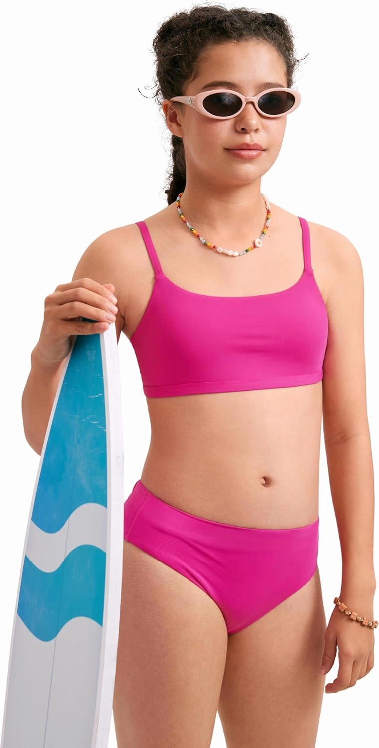CRZ YOGA Girls Swimsuit 2 Piece Bikini Set - Scoop Neck Adjustable Straps Padded Tops and Bottoms Beach Sports Bathing Suit