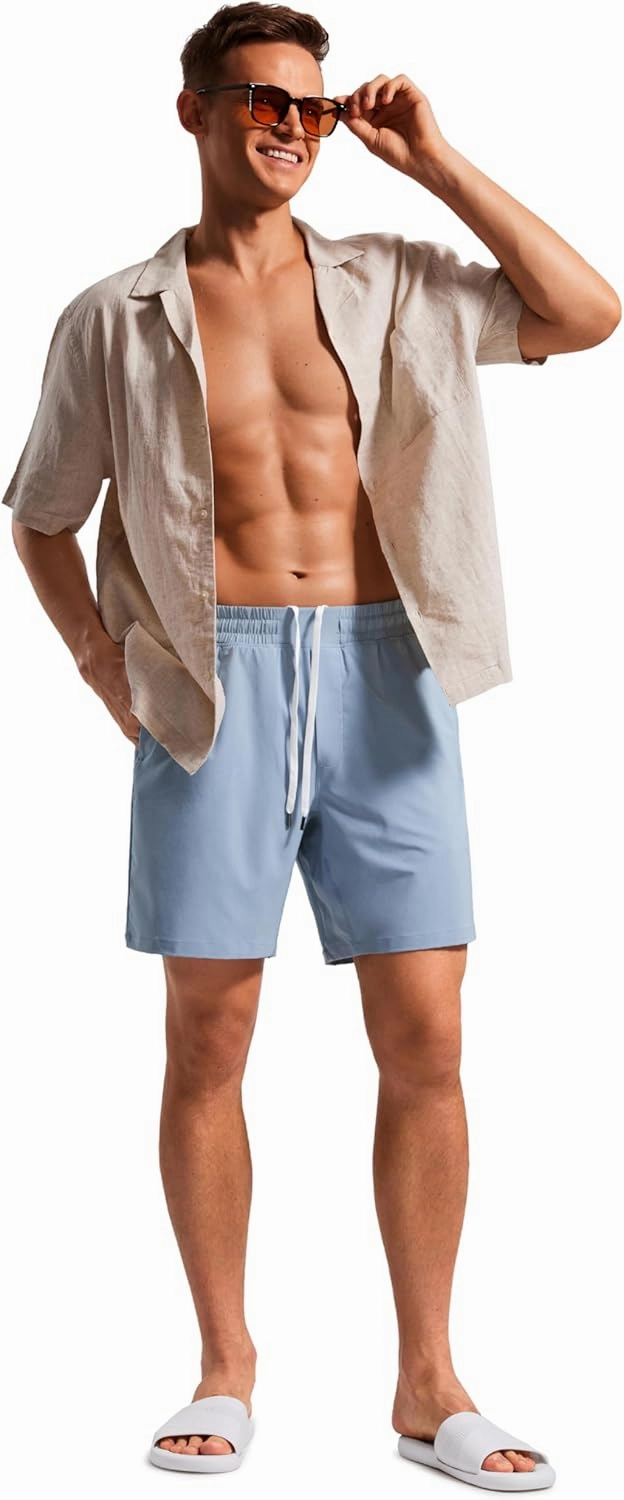 CRZ YOGA Mens Swim Trunks 7'' Quick Dry Mesh Lining Athletic Casual Swimwear Shorts with Zipper Pockets