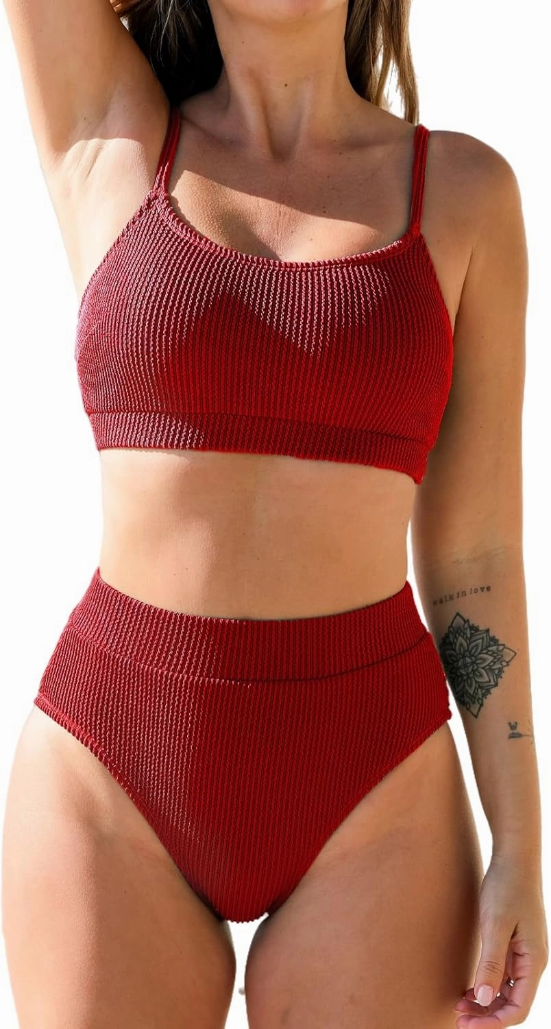 CUPSHE Women's Bikini Set Two Piece Swimsuits High Waisted Scoop Neck Spaghetti Adjustable Straps Textured