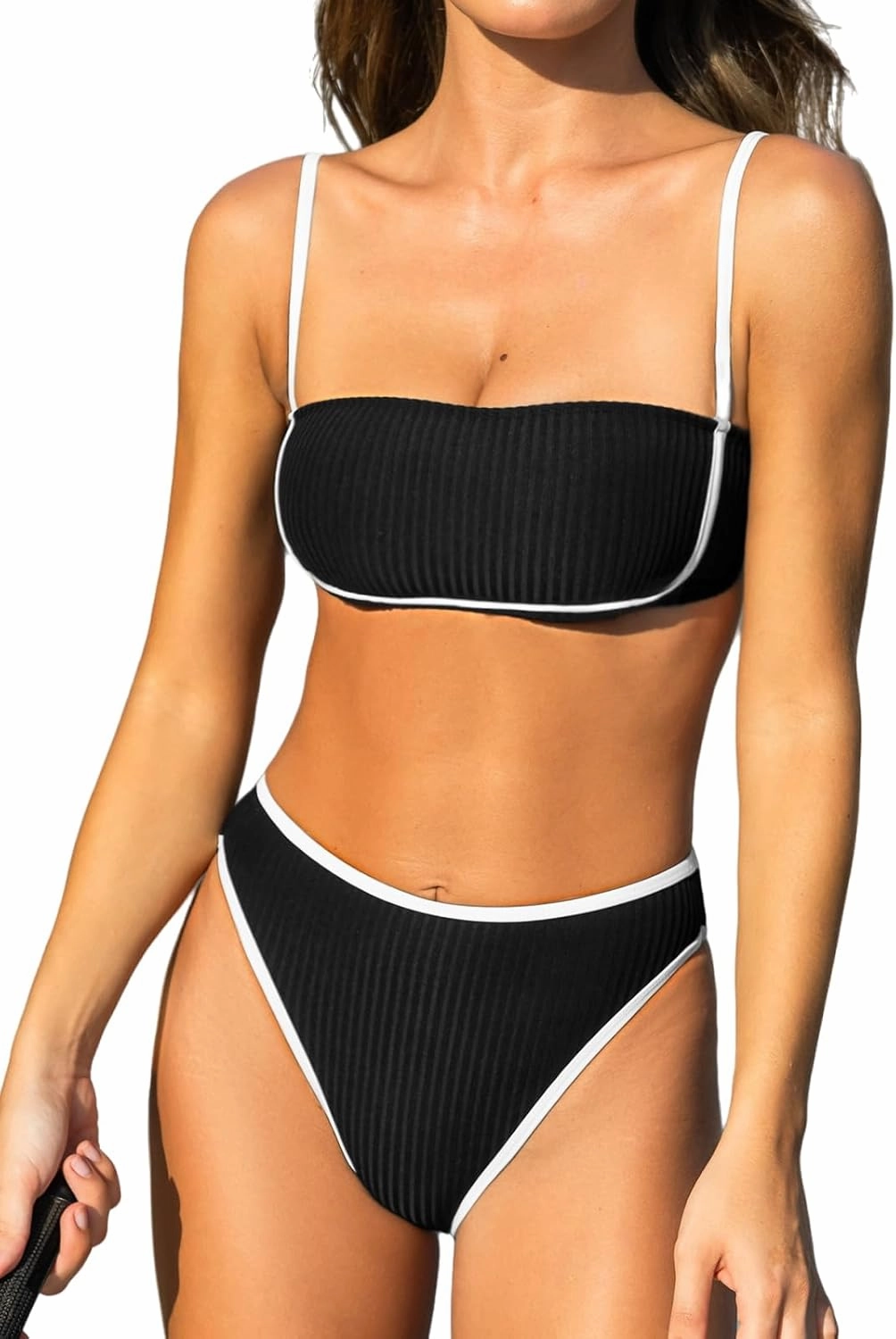 CUPSHE Women's Bikini Sets Two Piece Swimsuit High Waisted Square Neck Back Hook Color Block Cheeky Bottom