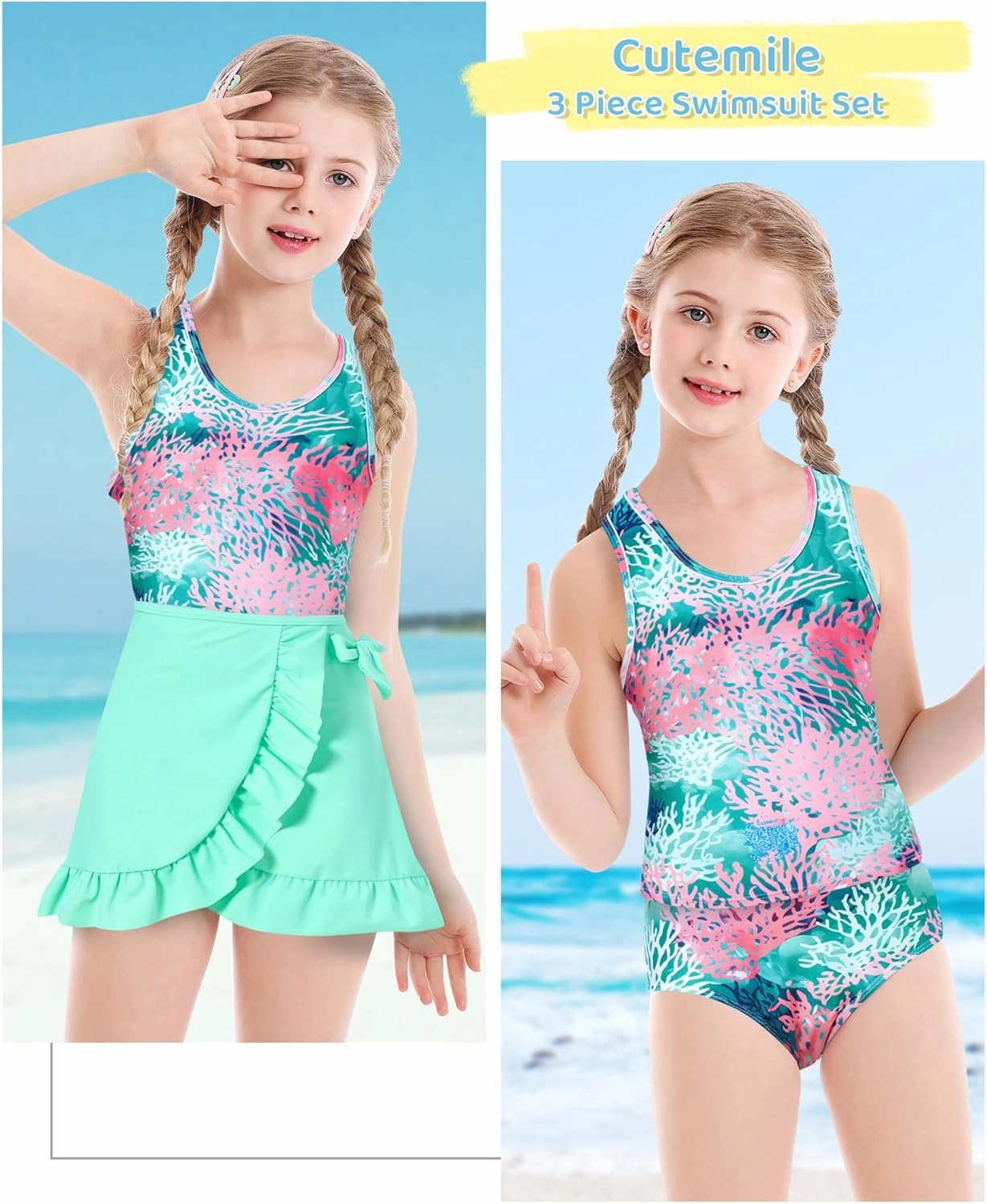 Cutemile Girls Swimsuit 3 Piece Bathing Suit Quick Dry Tankini Set with Cover Up Beach Skirt Bikini Swimwear 6-12 Years