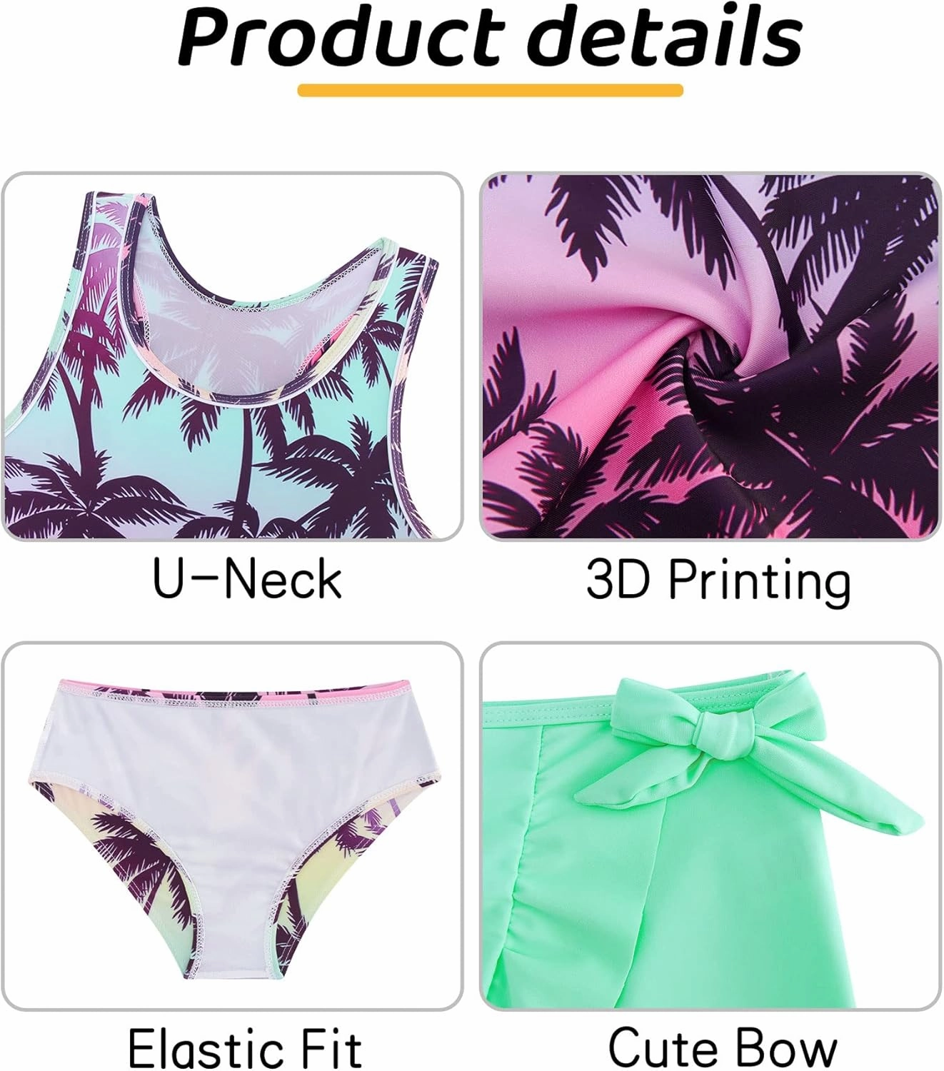 Cutemile Girls Swimsuit 3 Piece Bathing Suit Quick Dry Tankini Set with Cover Up Beach Skirt Bikini Swimwear 6-12 Years