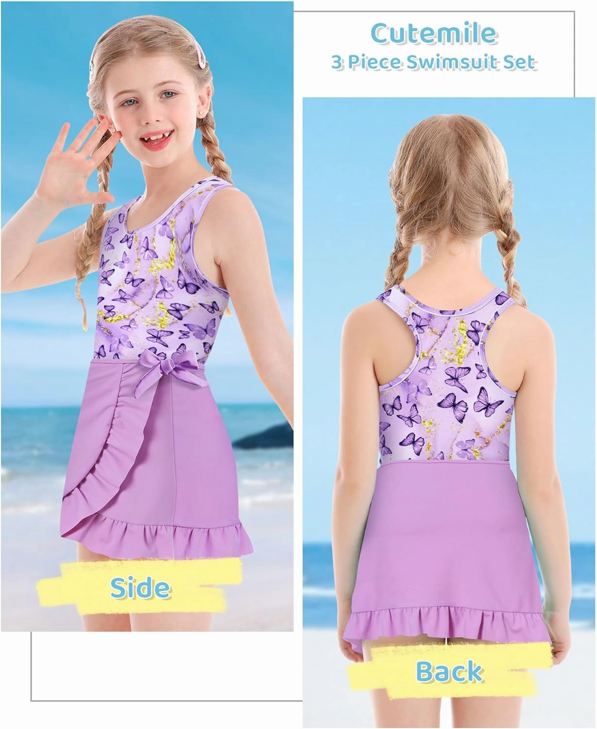 Cutemile Girls Swimsuit 3 Piece Bathing Suit Quick Dry Tankini Set with Cover Up Beach Skirt Bikini Swimwear 6-12 Years