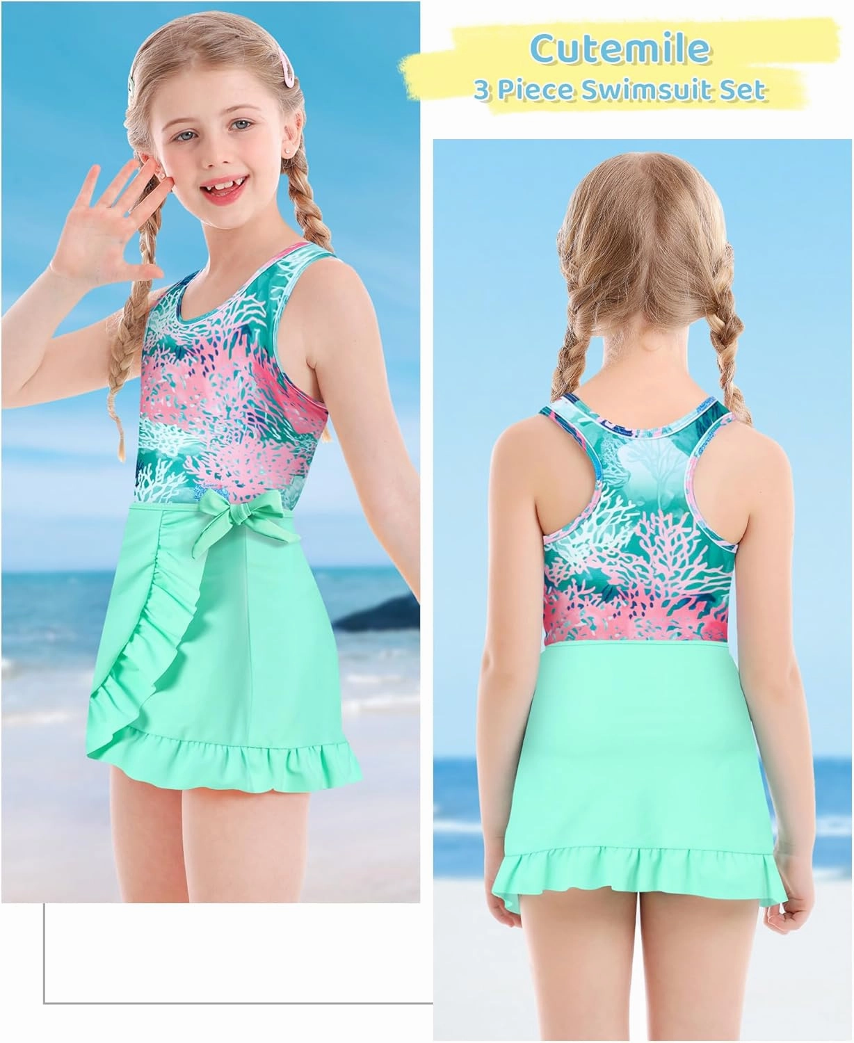 Cutemile Girls Swimsuit 3 Piece Bathing Suit Quick Dry Tankini Set with Cover Up Beach Skirt Bikini Swimwear 6-12 Years