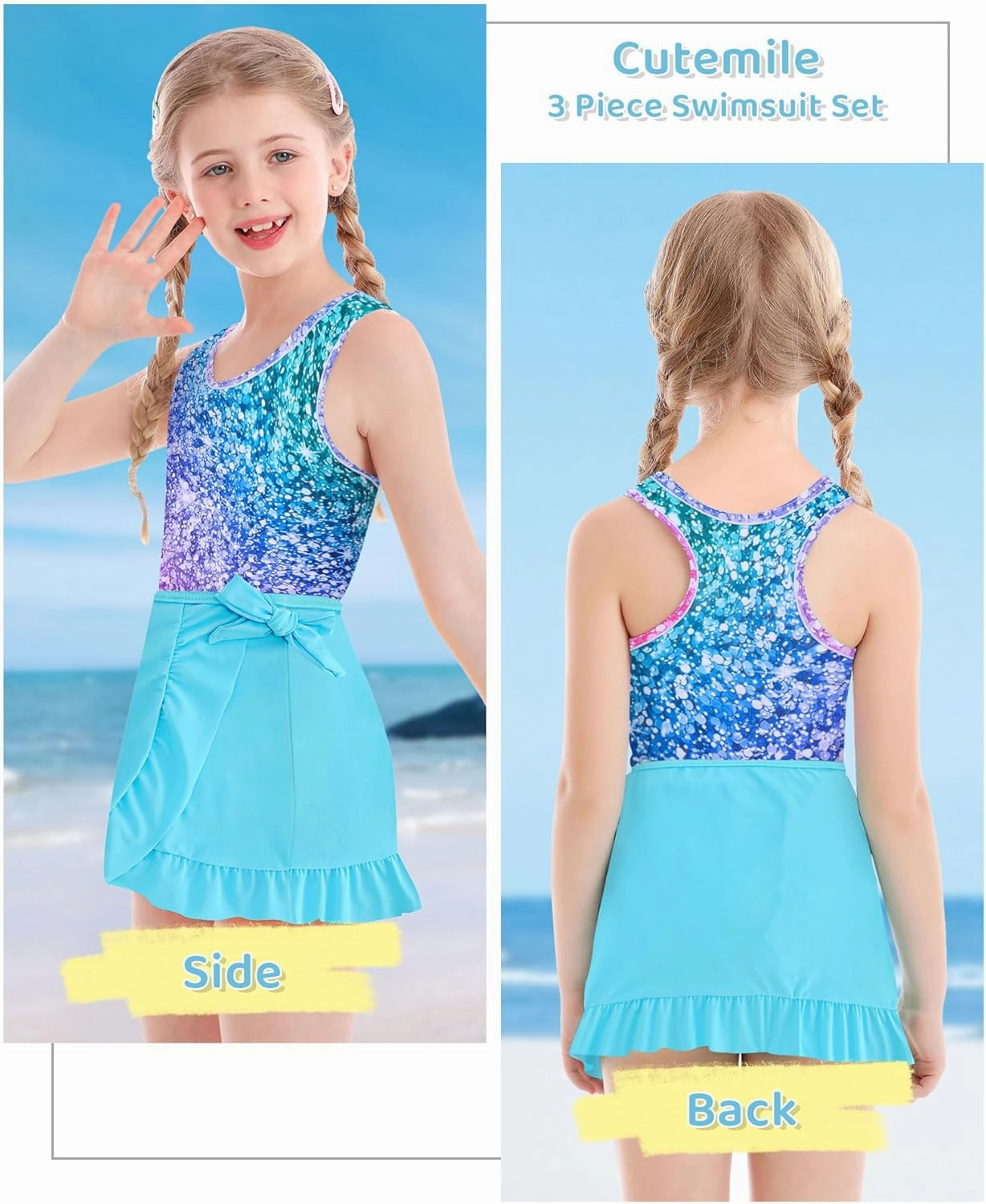 Cutemile Girls Swimsuit 3 Piece Bathing Suit Quick Dry Tankini Set with Cover Up Beach Skirt Bikini Swimwear 6-12 Years