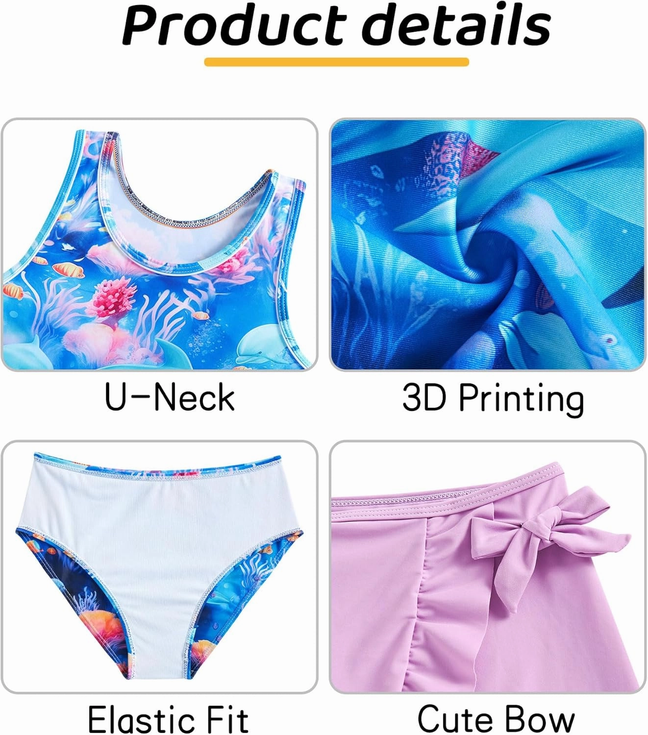 Cutemile Girls Swimsuit 3 Piece Bathing Suit Quick Dry Tankini Set with Cover Up Beach Skirt Bikini Swimwear 6-12 Years