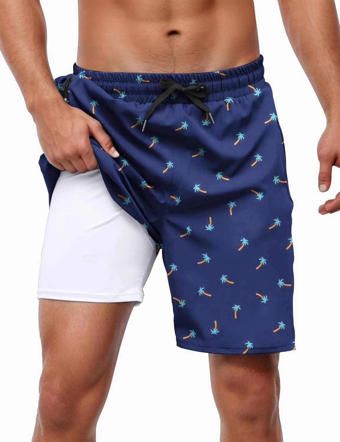 Cysincos Mens Swim Trunks with Compression Liner 7" 2 in 1 Quick Dry Swimming Swimwear Board Shorts with Zipper Pockets