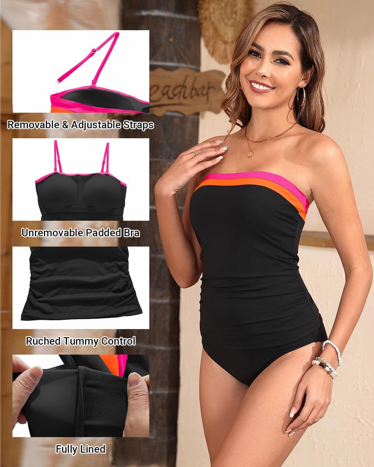 Daci Bandeau Tankini Swimsuits for Women - Two Piece Ruched Tummy Control Bathing Suit Strapless Swimwear with Bottom
