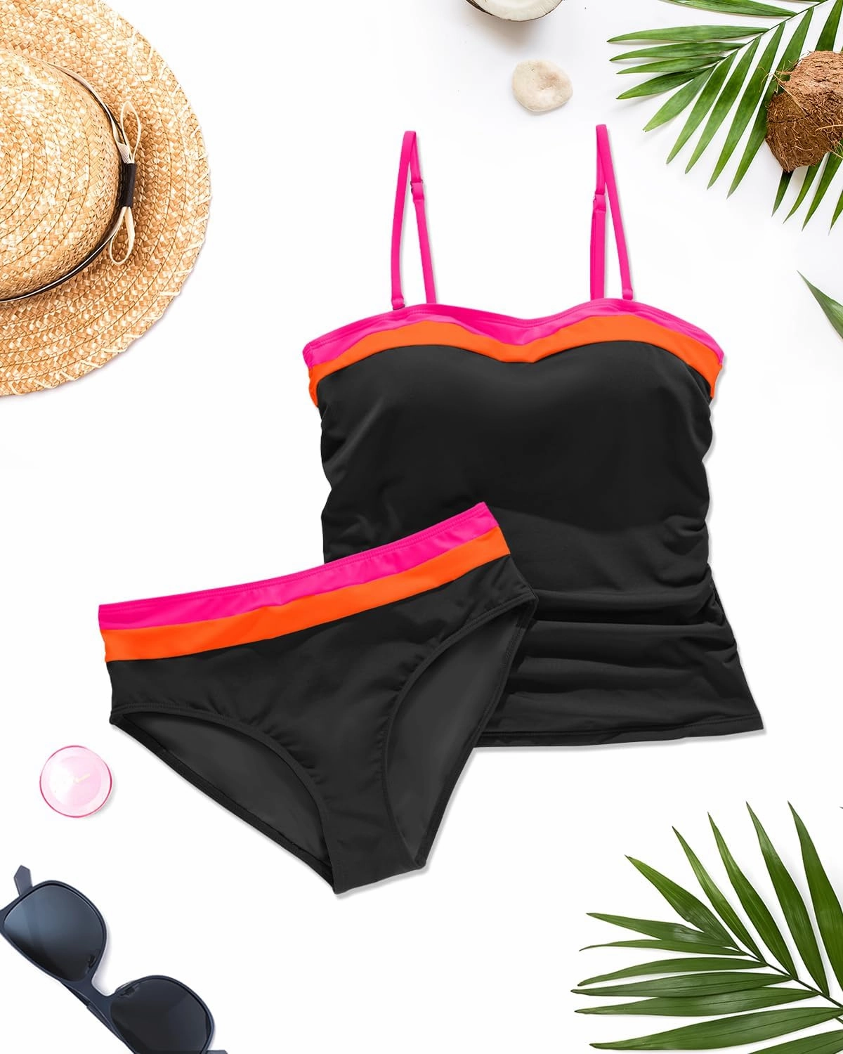 Daci Bandeau Tankini Swimsuits for Women - Two Piece Ruched Tummy Control Bathing Suit Strapless Swimwear with Bottom