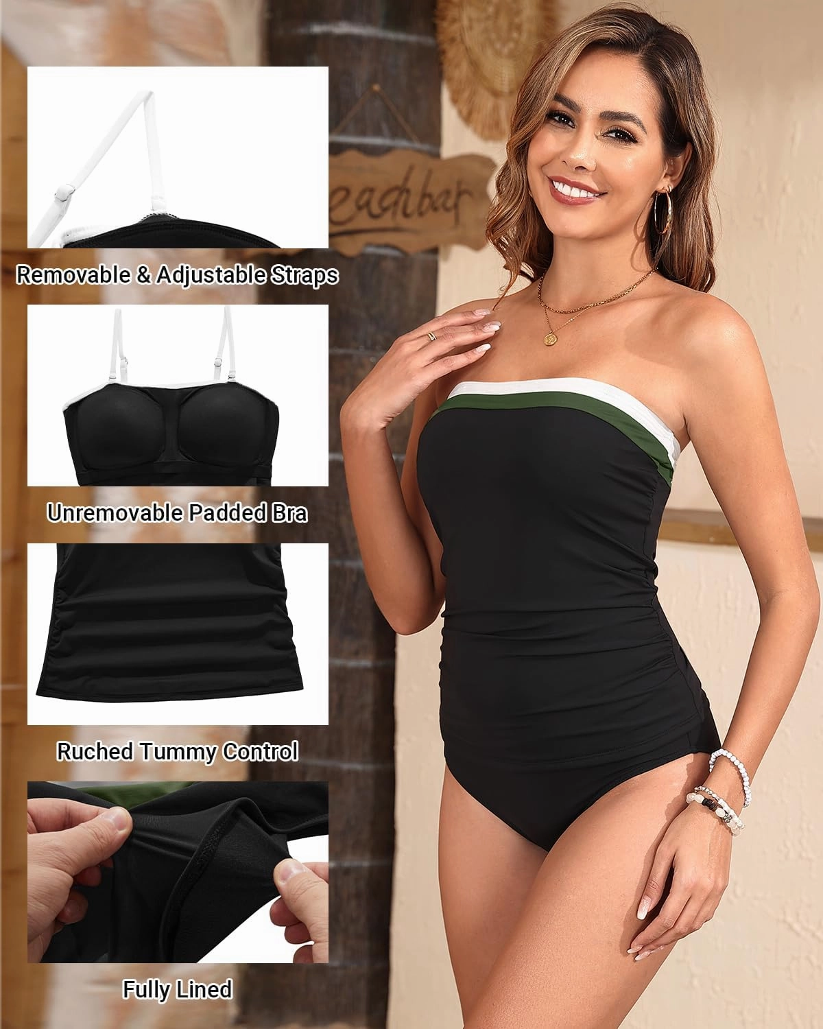Daci Bandeau Tankini Swimsuits for Women - Two Piece Ruched Tummy Control Bathing Suit Strapless Swimwear with Bottom