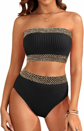 Daci High Waisted Bandeau Bikini Set - Women Strapless Two Piece Swimsuits Ribbed Full Coverage Bathing Suits Swimwear