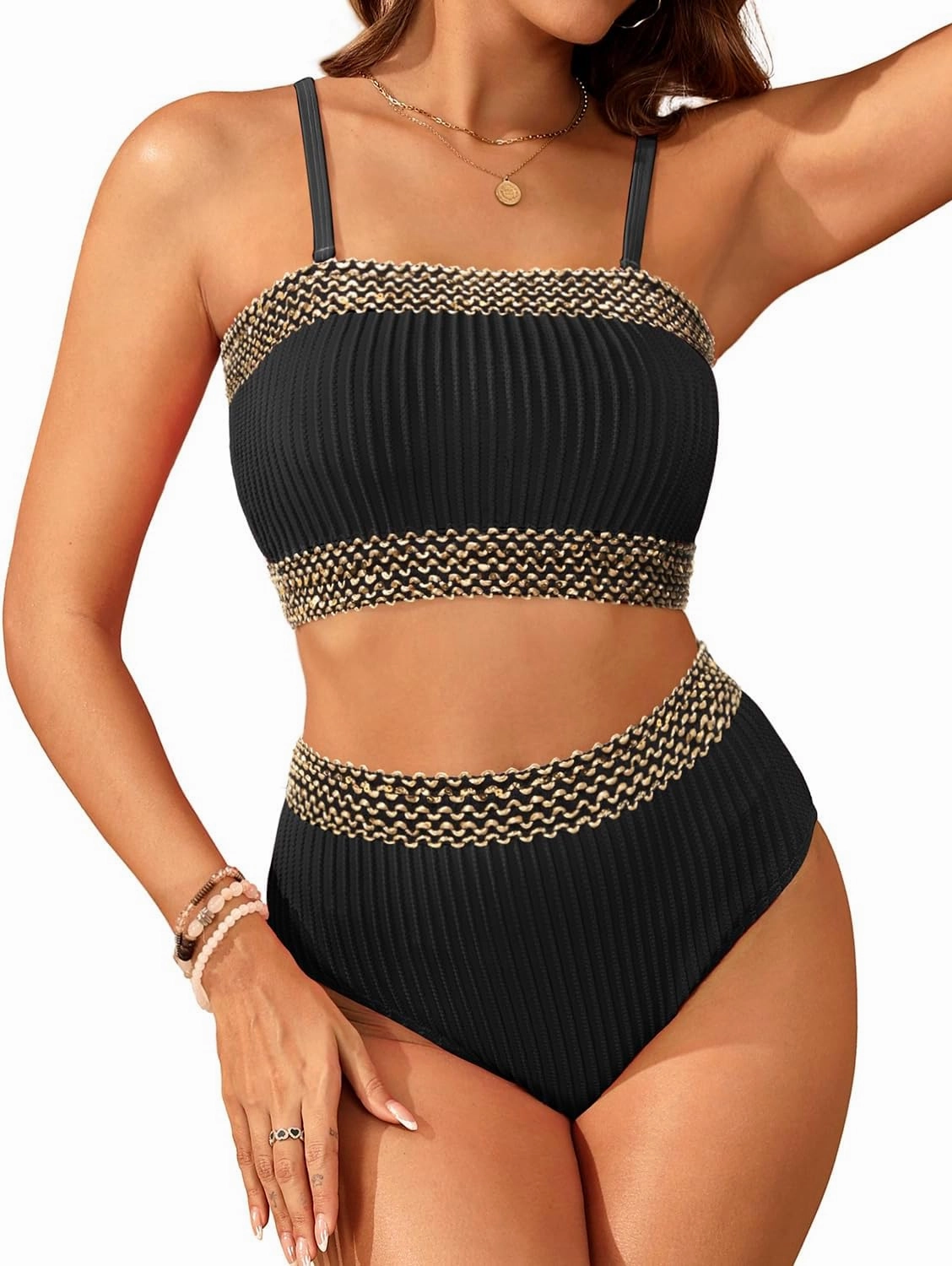 Daci High Waisted Bandeau Bikini Set - Women Strapless Two Piece Swimsuits Ribbed Full Coverage Bathing Suits Swimwear
