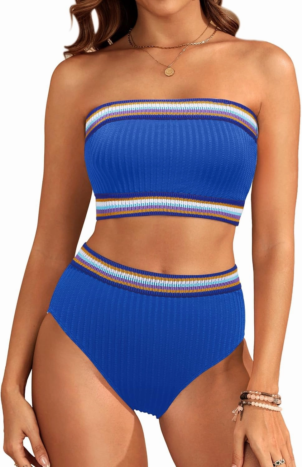 Daci High Waisted Bandeau Bikini Set - Women Strapless Two Piece Swimsuits Ribbed Full Coverage Bathing Suits Swimwear