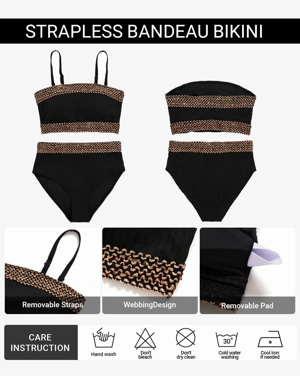 Daci High Waisted Bandeau Bikini Set - Women Strapless Two Piece Swimsuits Ribbed Full Coverage Bathing Suits Swimwear