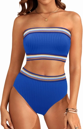 Daci High Waisted Bandeau Bikini Set - Women Strapless Two Piece Swimsuits Ribbed Full Coverage Bathing Suits Swimwear