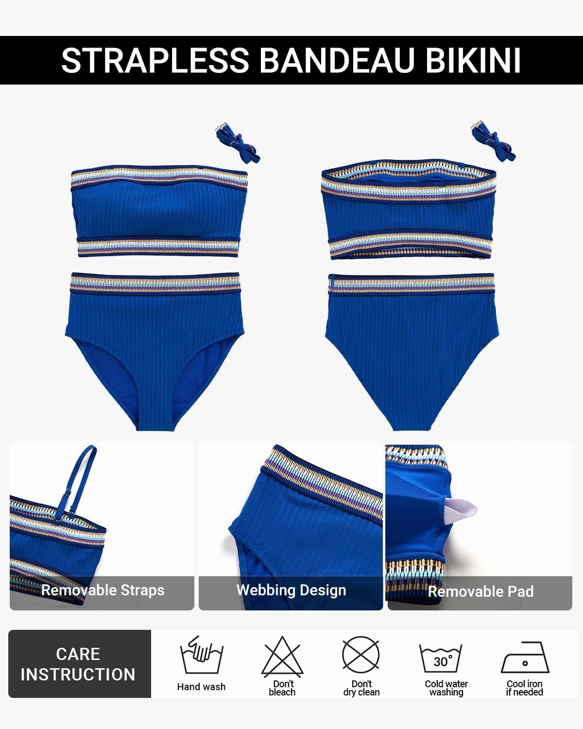 Daci High Waisted Bandeau Bikini Set - Women Strapless Two Piece Swimsuits Ribbed Full Coverage Bathing Suits Swimwear