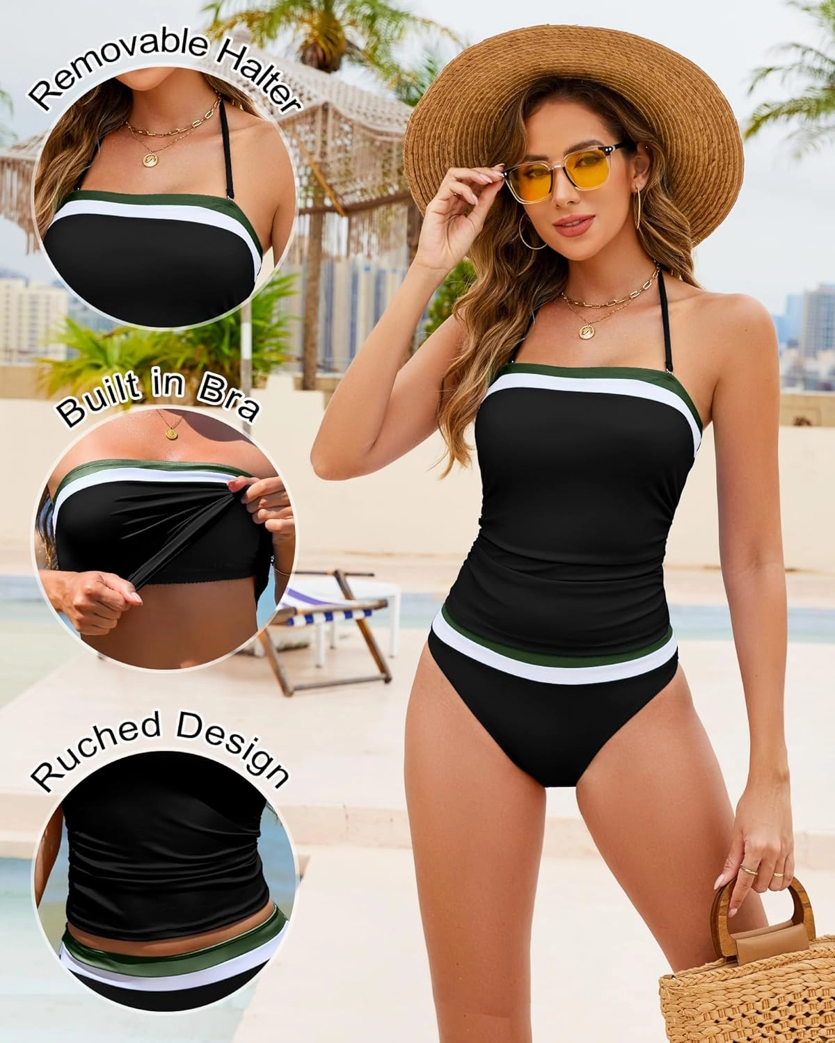 DaiLiWei Tankini Swimsuits for Women Tummy Control Bathing Suit Strapless Bandeau Swim Suits 2025 Halter Bikini Sets Teens