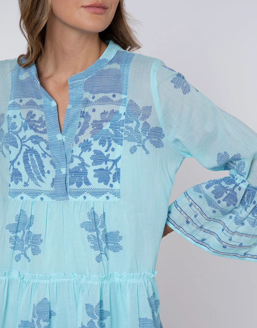Dhaka Print Flared Sleeve Dress - Blue and Royal Blue