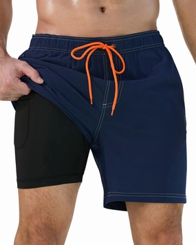 difficort Mens Swim Trunks with Compression Liner Quick-Dry Bathing Suit with Zipper Pockets
