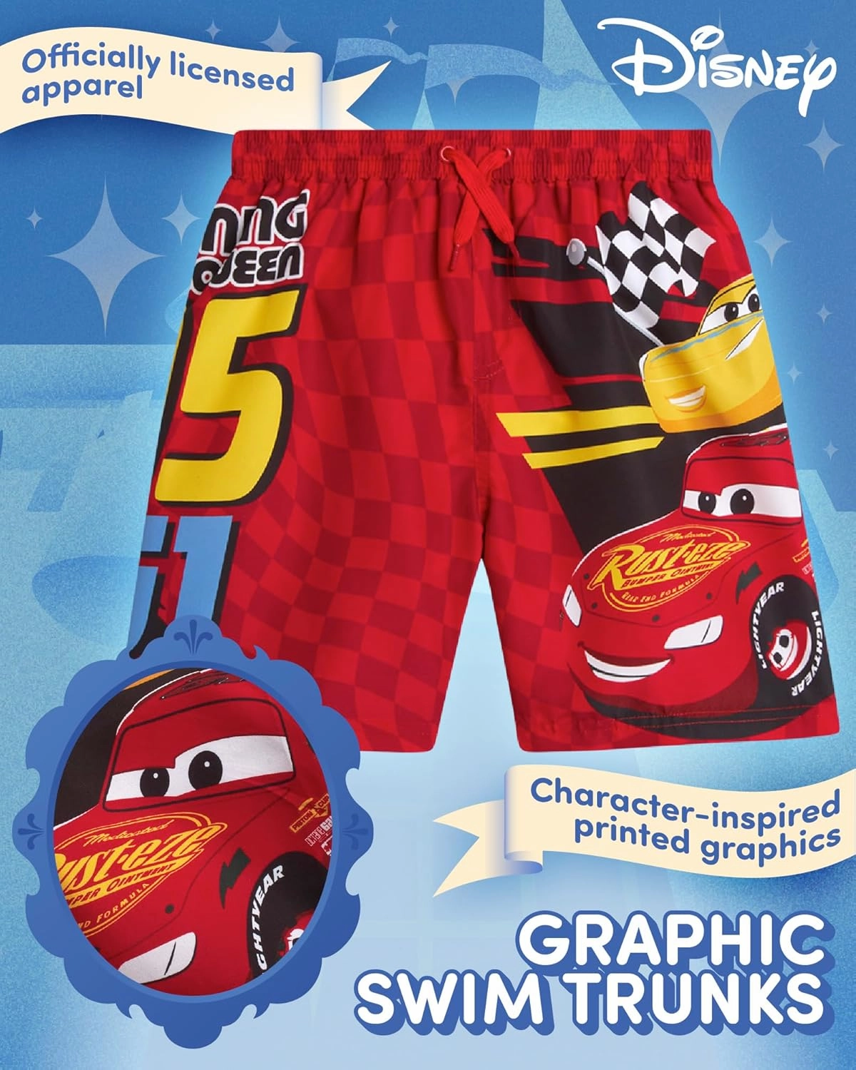 Disney Boys Swim Trunks - Cars Lightning McQueen Mickey Mouse Toy Story Buzz Lightyear Toddler Boy Swim Shorts (Sizes: 2T-7)