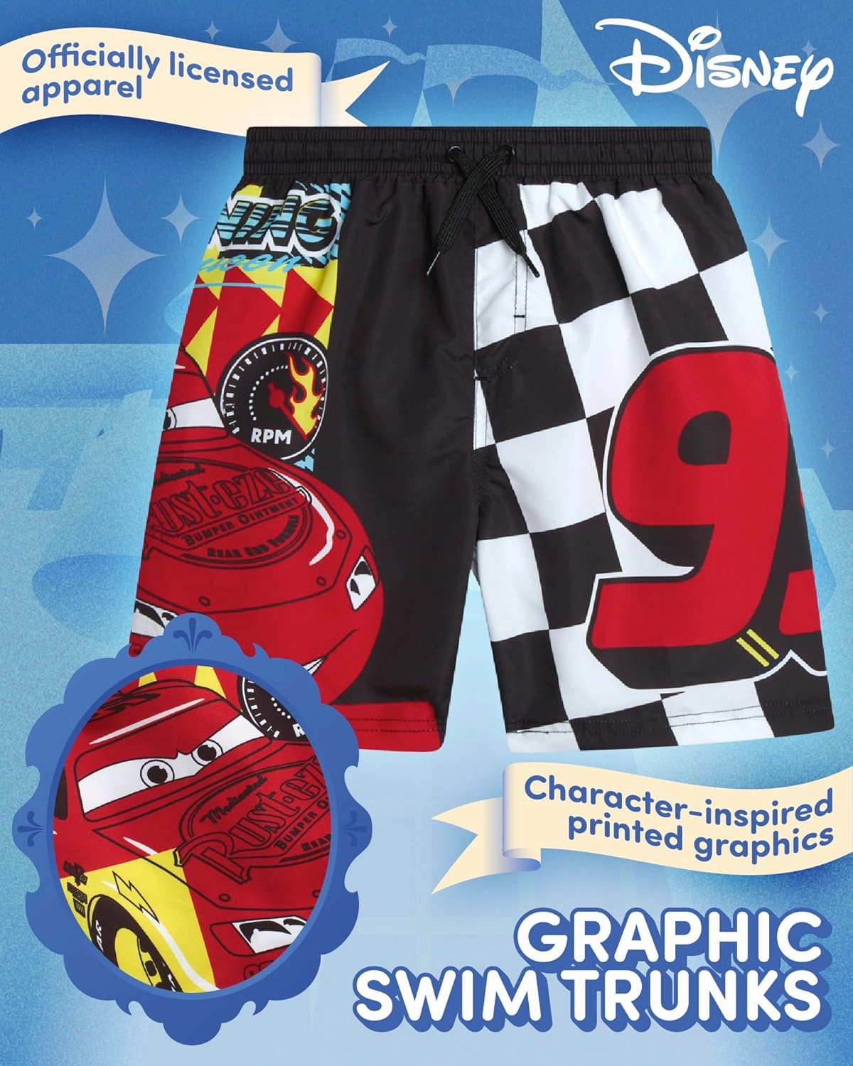 Disney Boys Swim Trunks - Cars Lightning McQueen Mickey Mouse Toy Story Buzz Lightyear Toddler Boy Swim Shorts (Sizes: 2T-7)