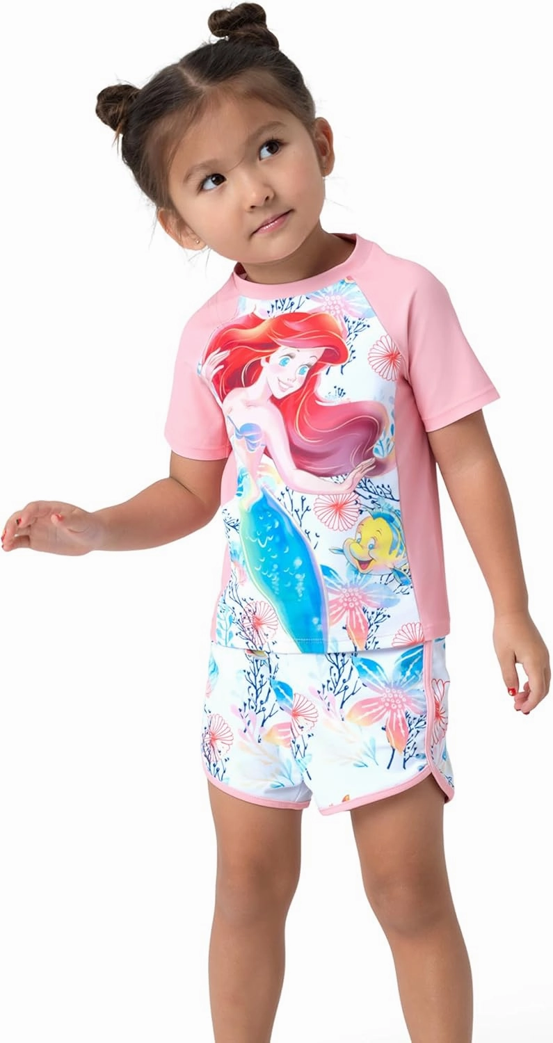 Disney Frozen Elsa Princess Girls Two Piece UPF 50  Protection Quick-Dry Short Sleeve Swim Sets Rashguard Bathing Suit