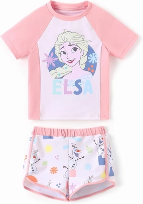 Disney Frozen Elsa Princess Girls Two Piece UPF 50  Protection Quick-Dry Short Sleeve Swim Sets Rashguard Bathing Suit