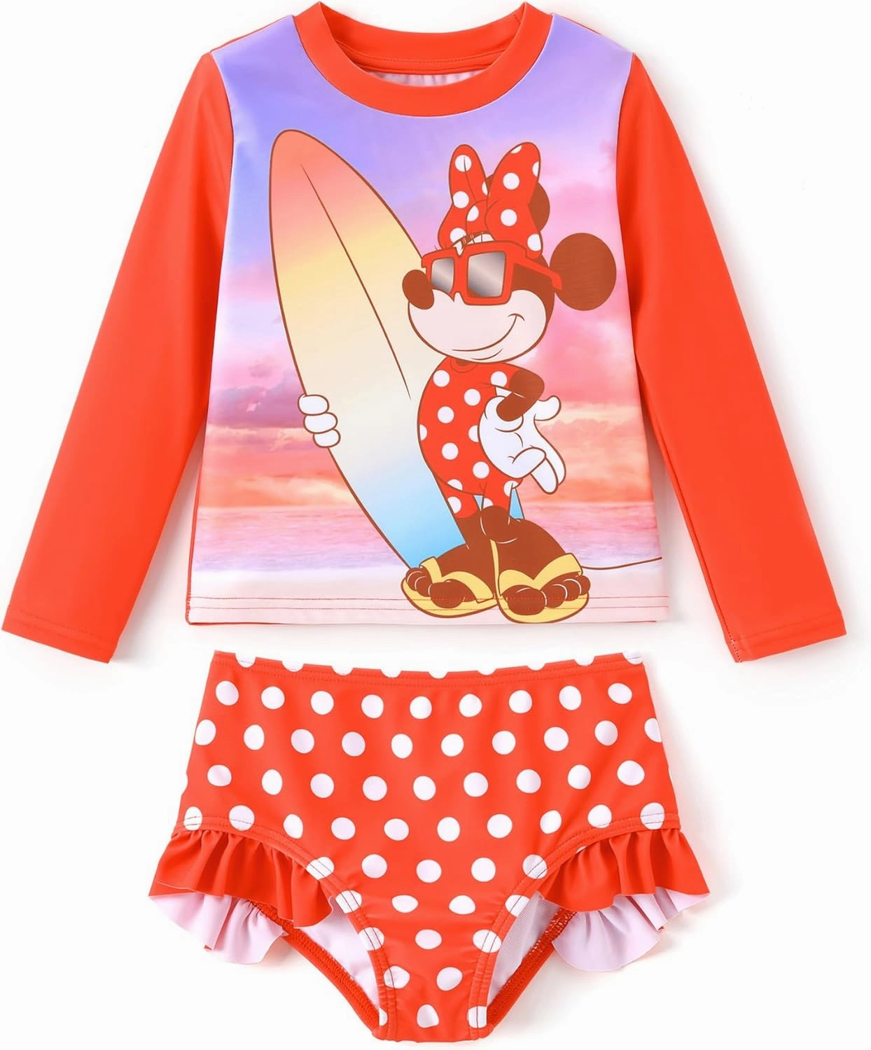 Disney Mickey and Friends Girl Two Piece Long Sleeve Swimsuit Rashguard Bathing Suit
